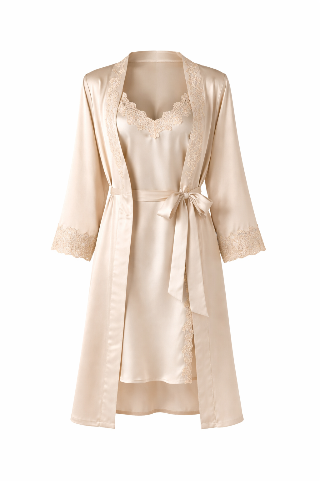 Champagne silk robe with lace trim on a white background