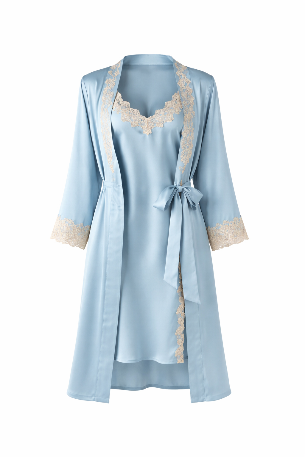 Frozen blue silk robe with lace trim on a white background