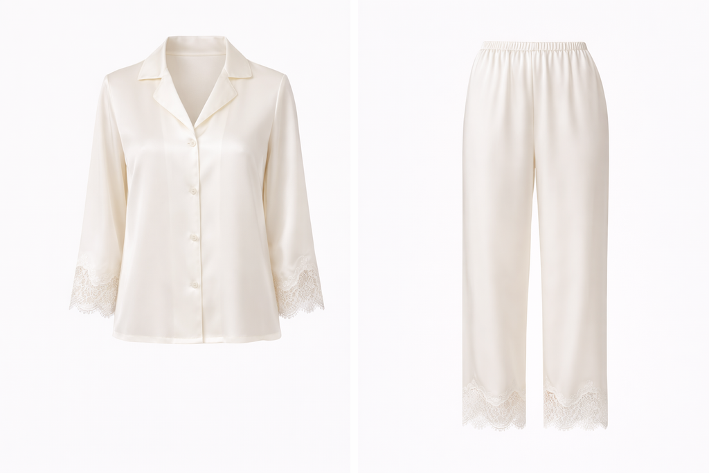 Ivory Heavy Weight  Silk Pajama Set with Lace Trim