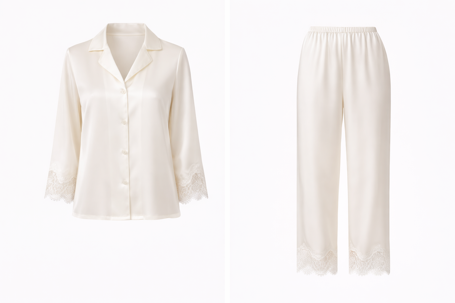 Ivory Heavy Weight  Silk Pajama Set with Lace Trim