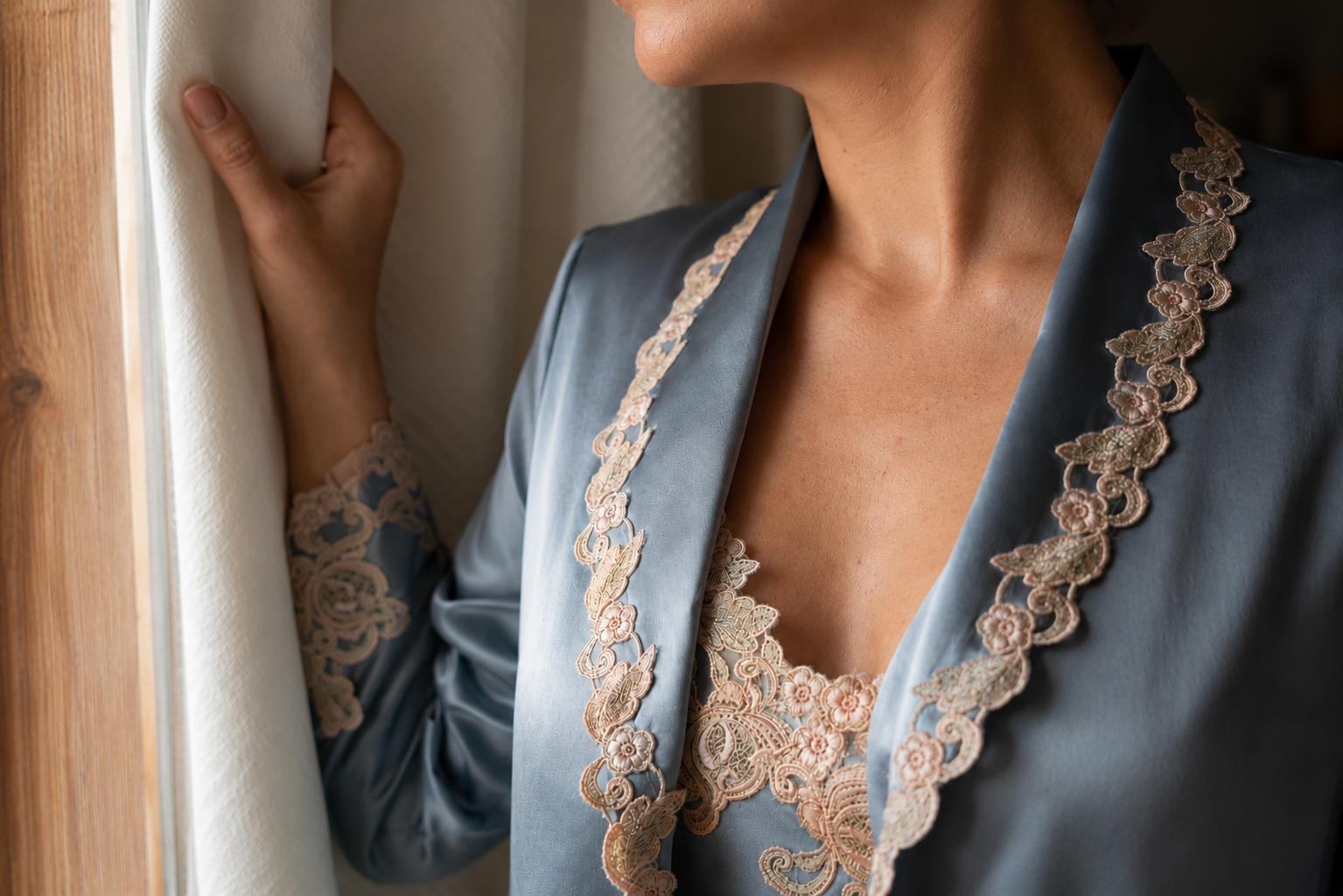 Model wearing a blue lace-trimmed robe by a window.