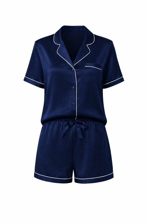 Navy mulberry silk pyjama set with white piping 